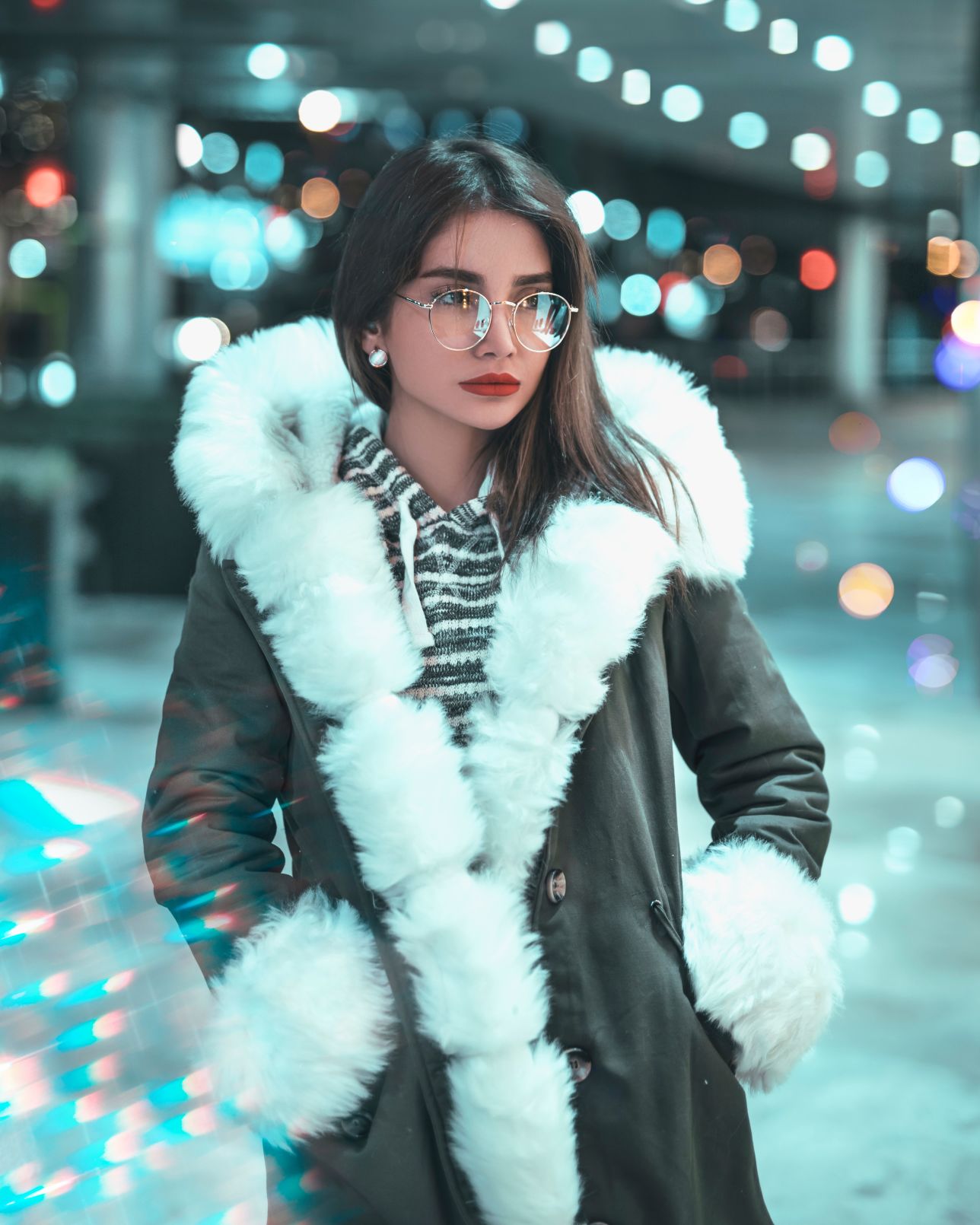 posed woman in fluffy coat